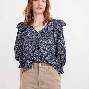 Madewell blue ruffled floral top